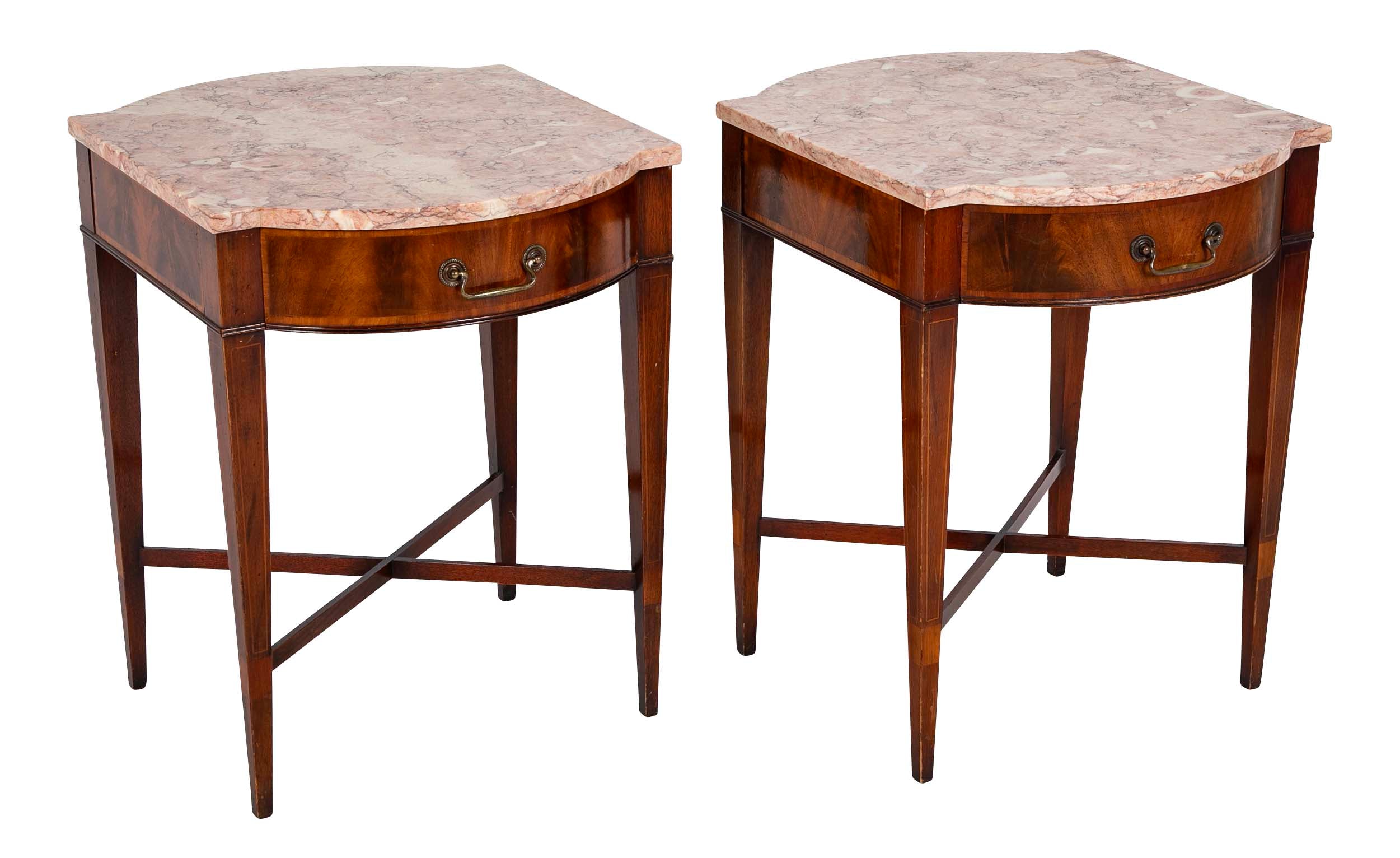Pair Marble Topped Side Tables With Mahogany Veneer Satinwood Inlay, Weiman USA
