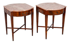 Pair Marble Topped Side Tables With Mahogany Veneer Satinwood Inlay, Weiman USA