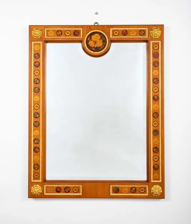 Italian Neoclassical Fruitwood Mirror with Floral, Butterfly and Shell Inlay