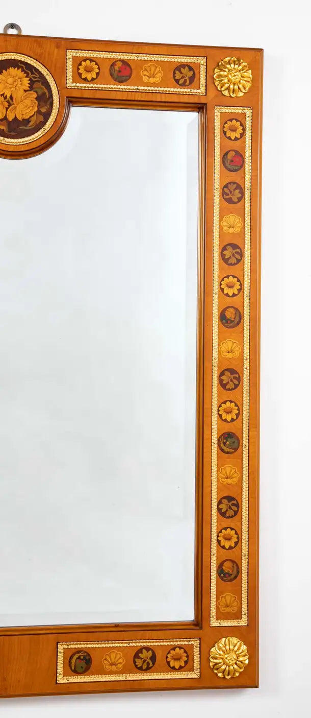 Italian Neoclassical Fruitwood Mirror with Floral, Butterfly and Shell Inlay