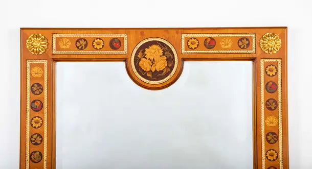 Italian Neoclassical Fruitwood Mirror with Floral, Butterfly and Shell Inlay