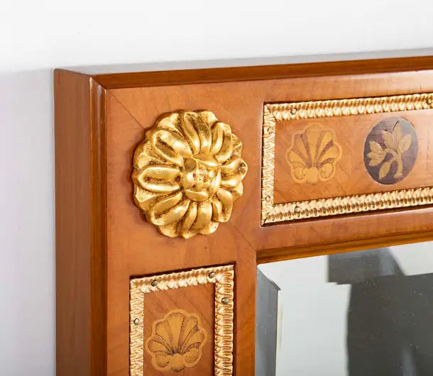 Italian Neoclassical Fruitwood Mirror with Floral, Butterfly and Shell Inlay