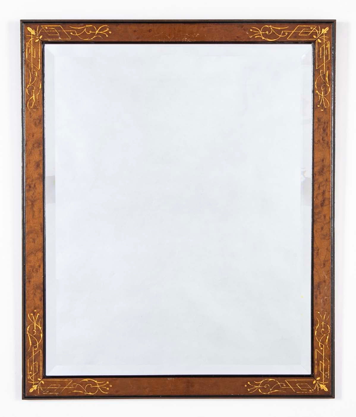 Pair of Burlwood Framed Mirror with Ebonized Borders and Incised Gilt Decorations