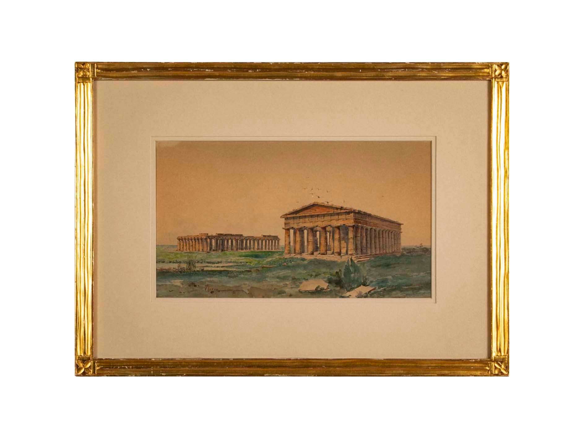 Water Color Of The Greek Ruins At Paestum, Italy By Vincenzo Loria