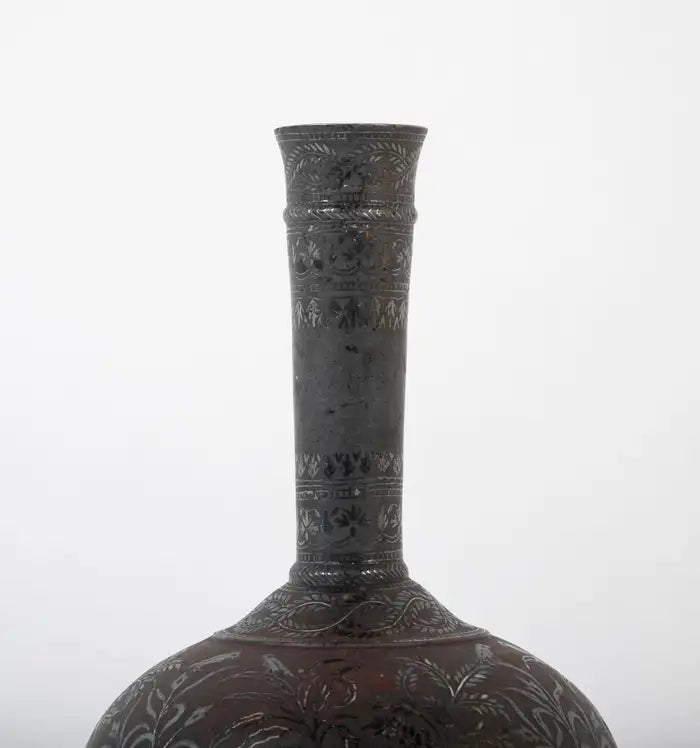 Indian Silver Inlaid Bidri Hookah Base Vase