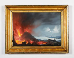 Italian Grand Tour Gouache of Mount Vesuvius Erupting at Night