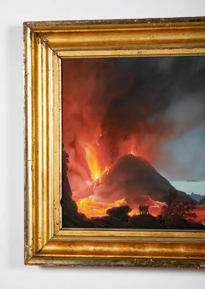 Italian Grand Tour Gouache of Mount Vesuvius Erupting at Night