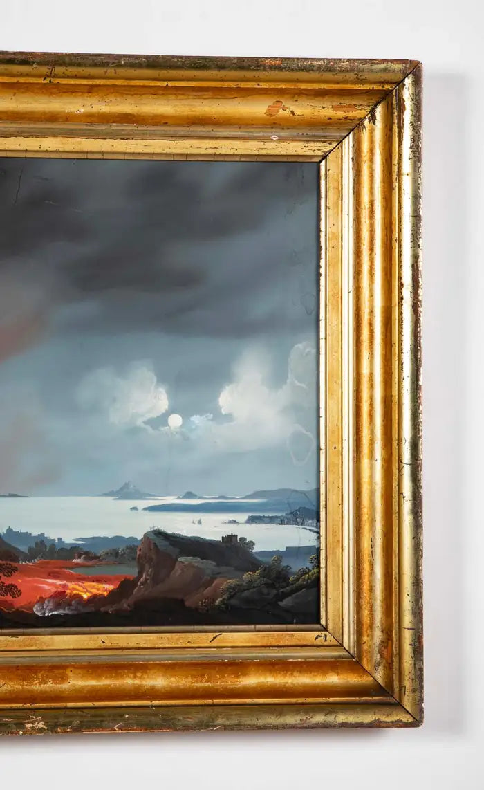 Italian Grand Tour Gouache of Mount Vesuvius Erupting at Night