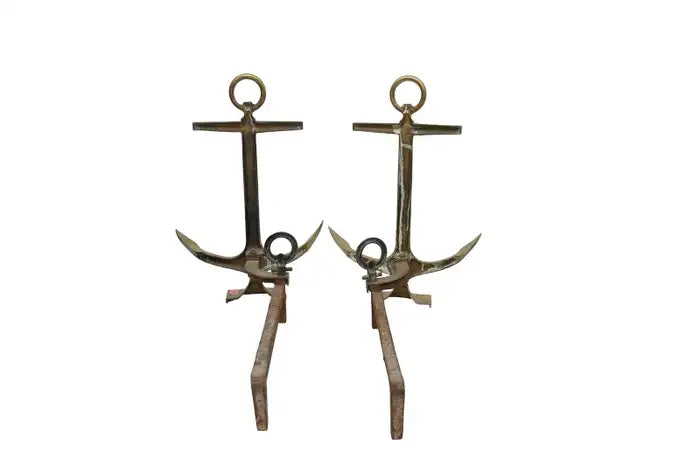 Pair of 1950's Brass Anchor Andirons