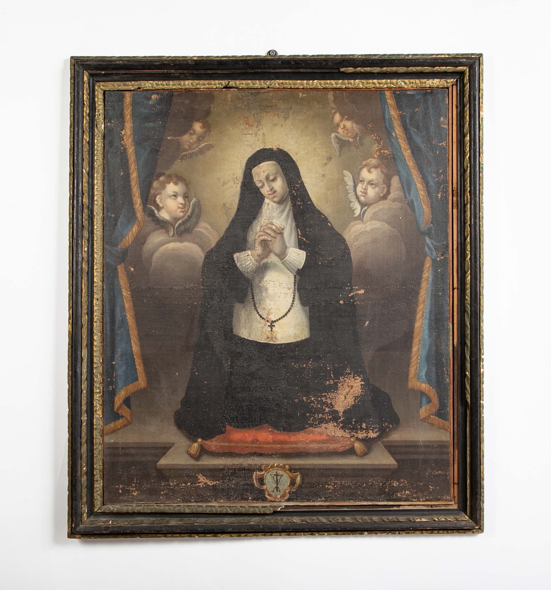 Oil Painting of a Catholic Nun Praying with Four Angels