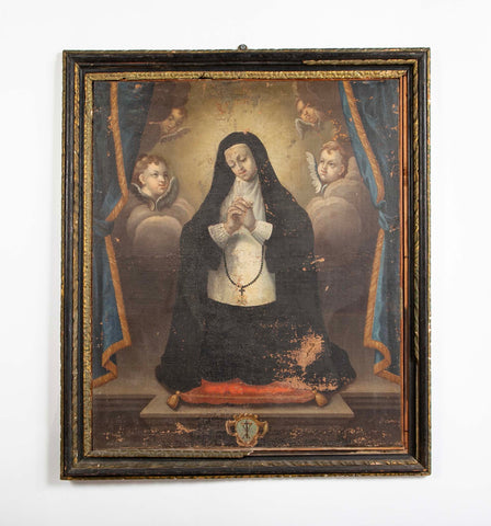 Oil Painting of a Catholic Nun Praying with Four Angels