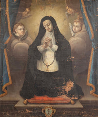 Oil Painting of a Catholic Nun Praying with Four Angels