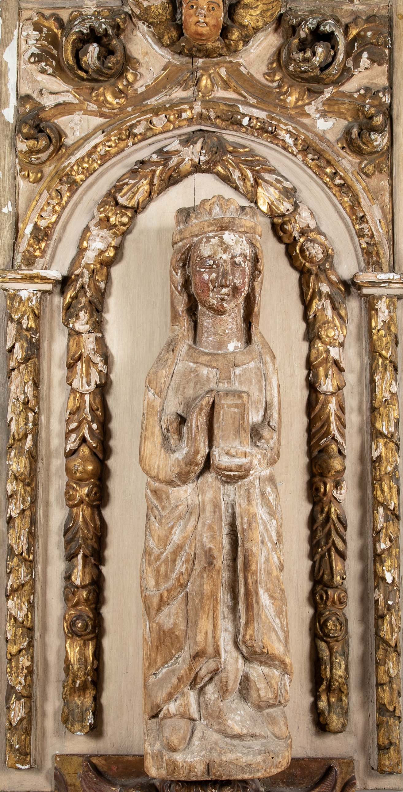 Beautifully Carved Catholic Panneau de Bois with Madonna and Angels