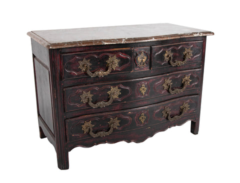 French Marble Top Bureau or Chest of Drawers Having Original Hardware
