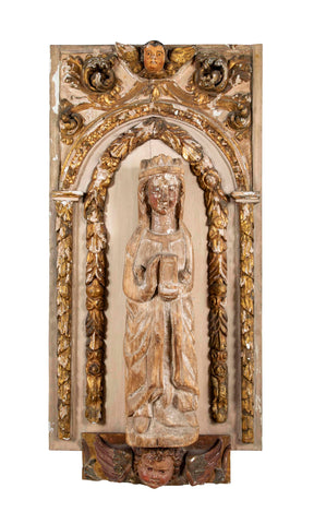 Beautifully Carved Catholic Panneau de Bois with Madonna and Angels