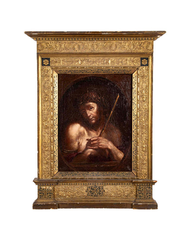18th Century French Painting of Jesus in Intricately Carved Gilt Wood Frame