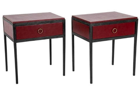 Pair of Red Leather & Wrought Iron Tables After Model of Jean-Michel Frank