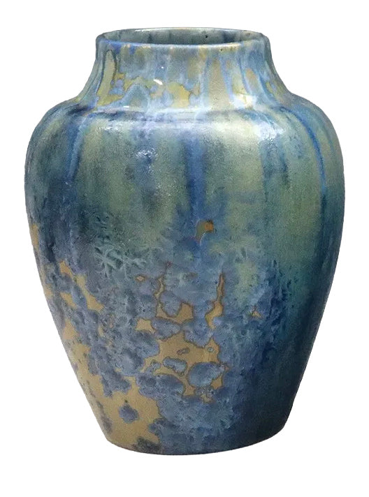 Pierrefonds Art Pottery Vases, Blue Crystalline Glaze on Golden Brown Ground