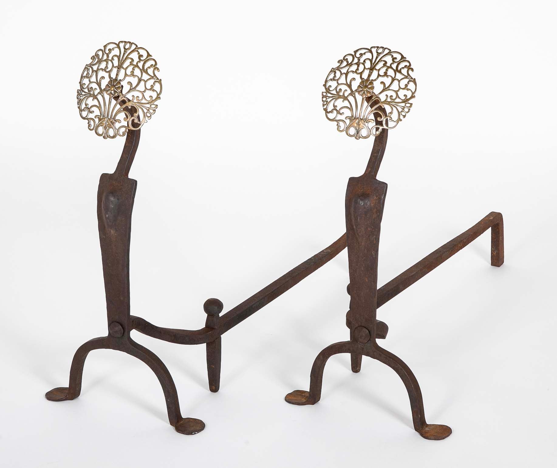 Pair of Brass Medallion Andirons