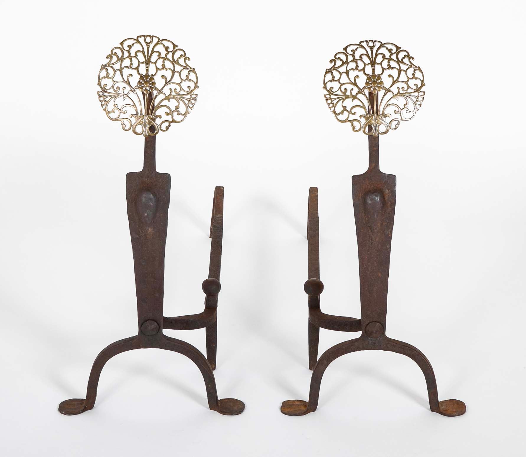 Pair of Brass Medallion Andirons