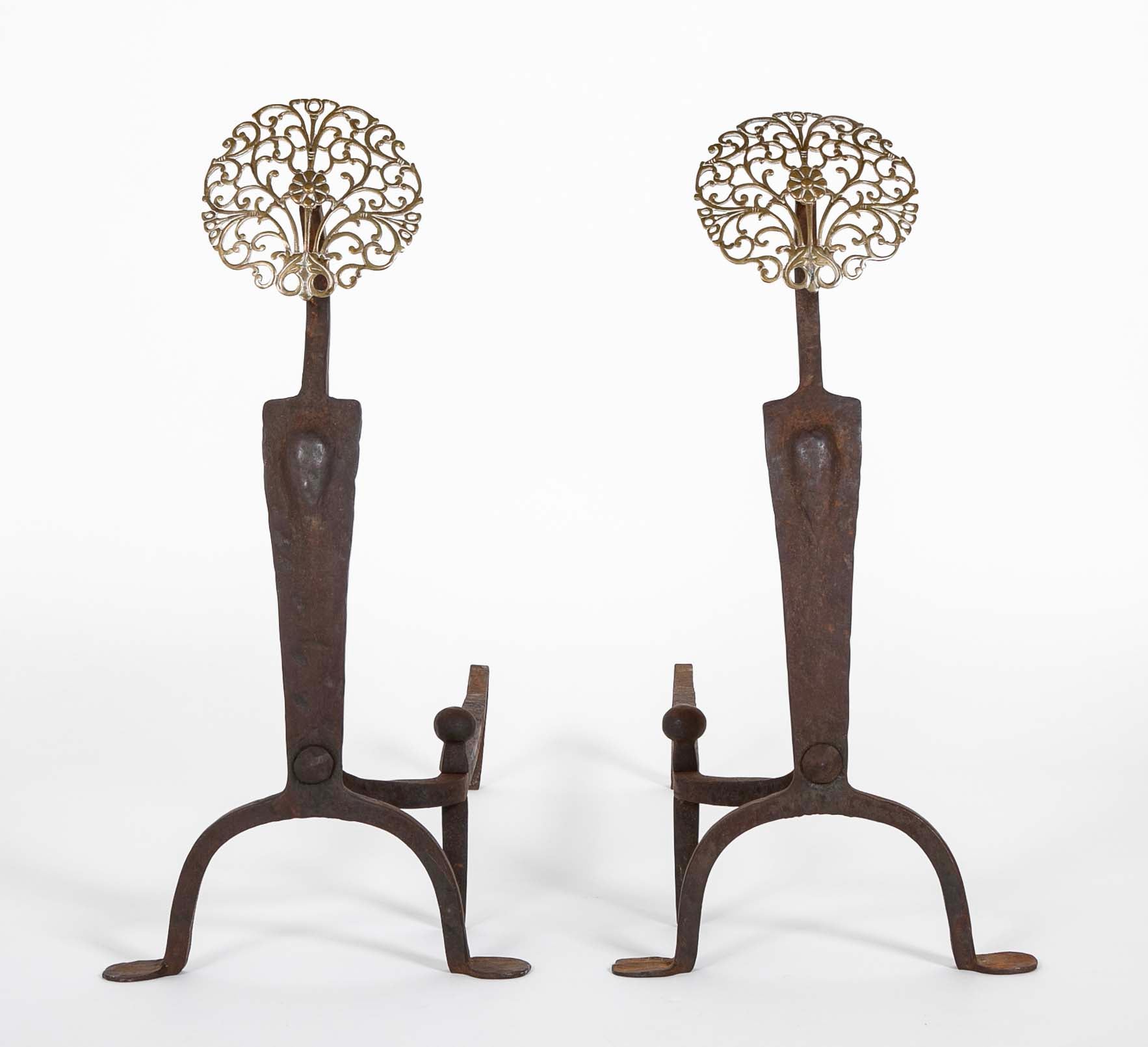 Pair of Brass Medallion Andirons