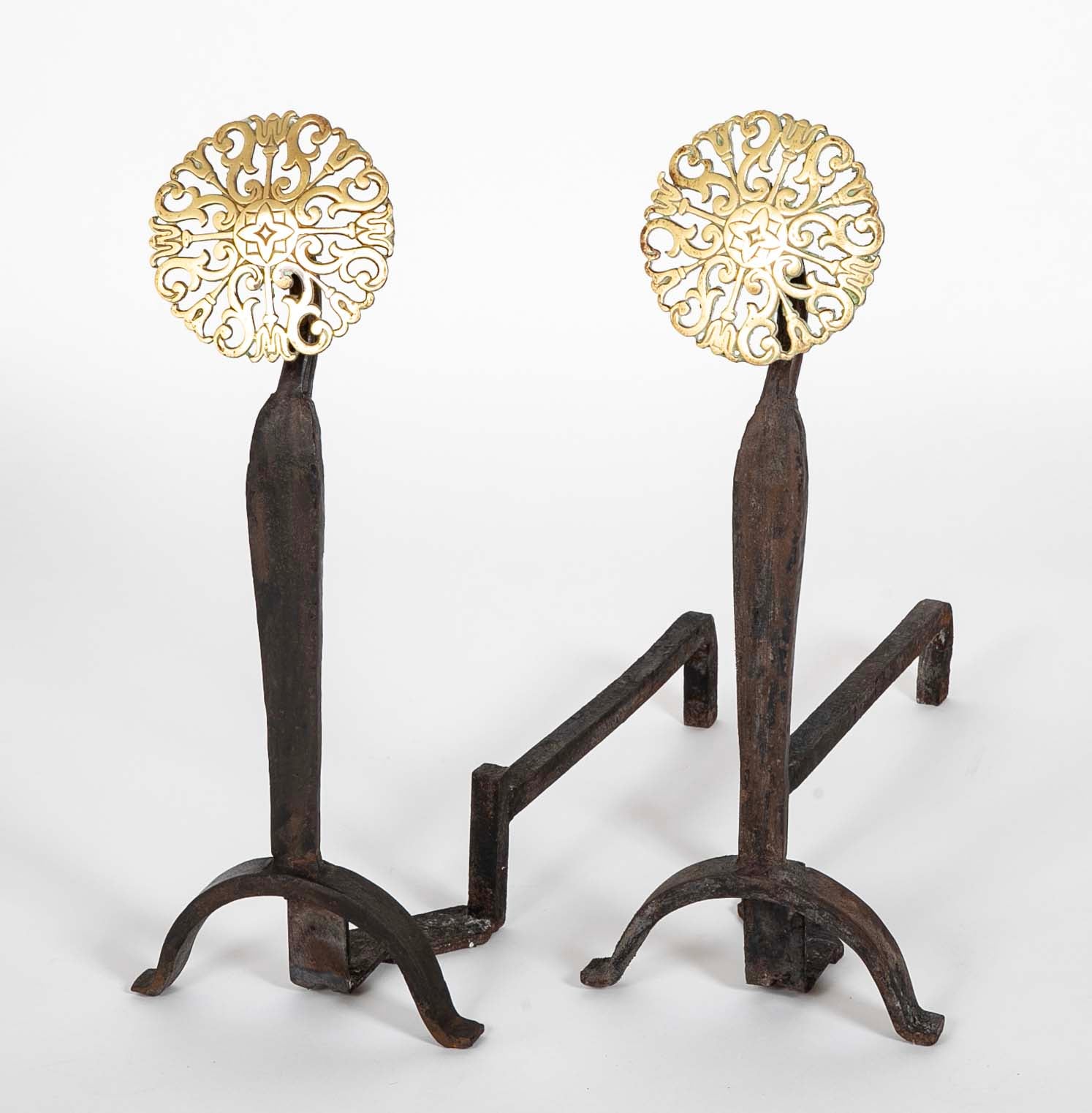 Pair of 20th Century Brass Medallion Andirons