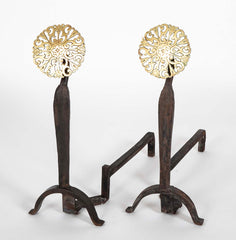 Pair of 20th Century Brass Medallion Andirons
