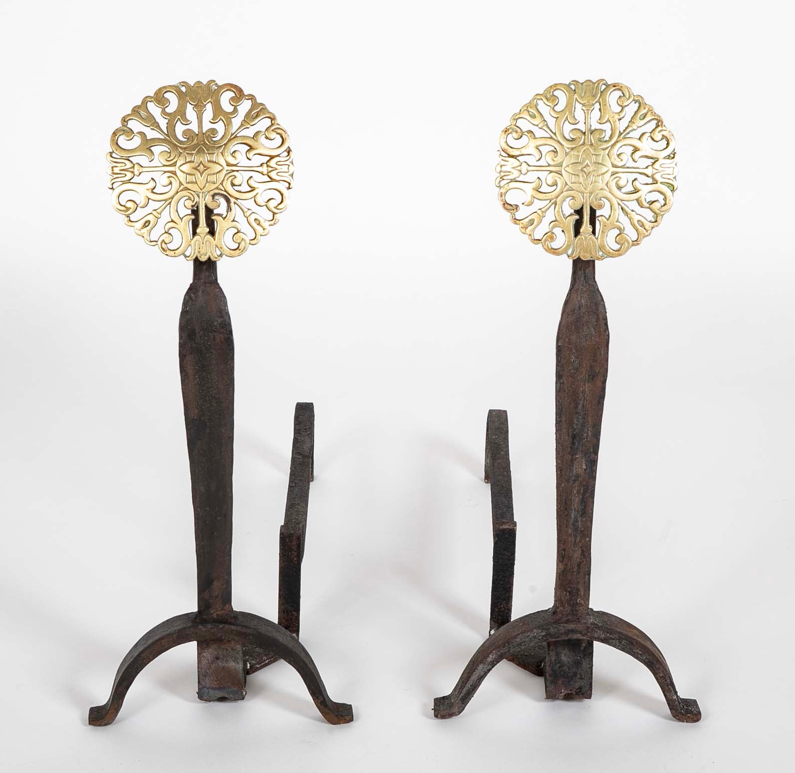 Pair of 20th Century Brass Medallion Andirons