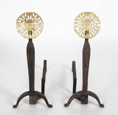 Pair of 20th Century Brass Medallion Andirons