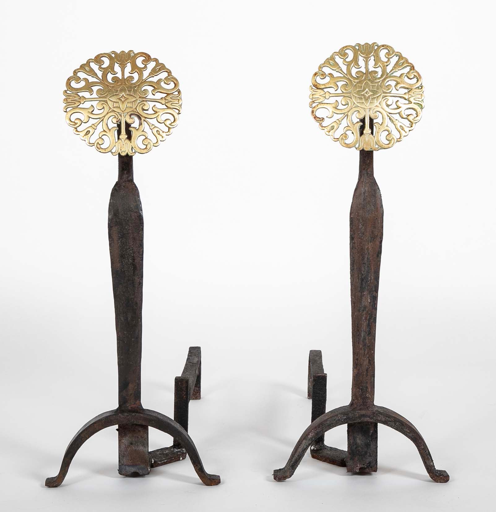 Pair of 20th Century Brass Medallion Andirons