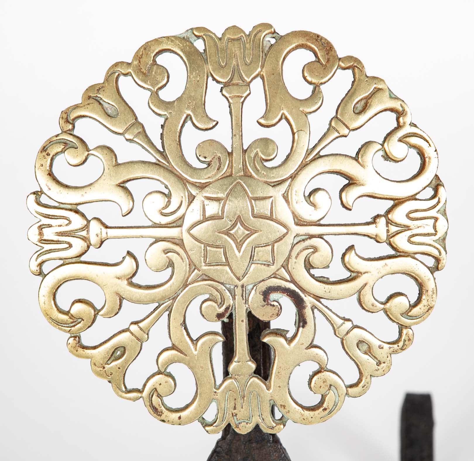 Pair of 20th Century Brass Medallion Andirons