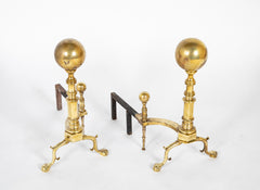 Heavy Footed Brass Andirons with Massive Ball Finials