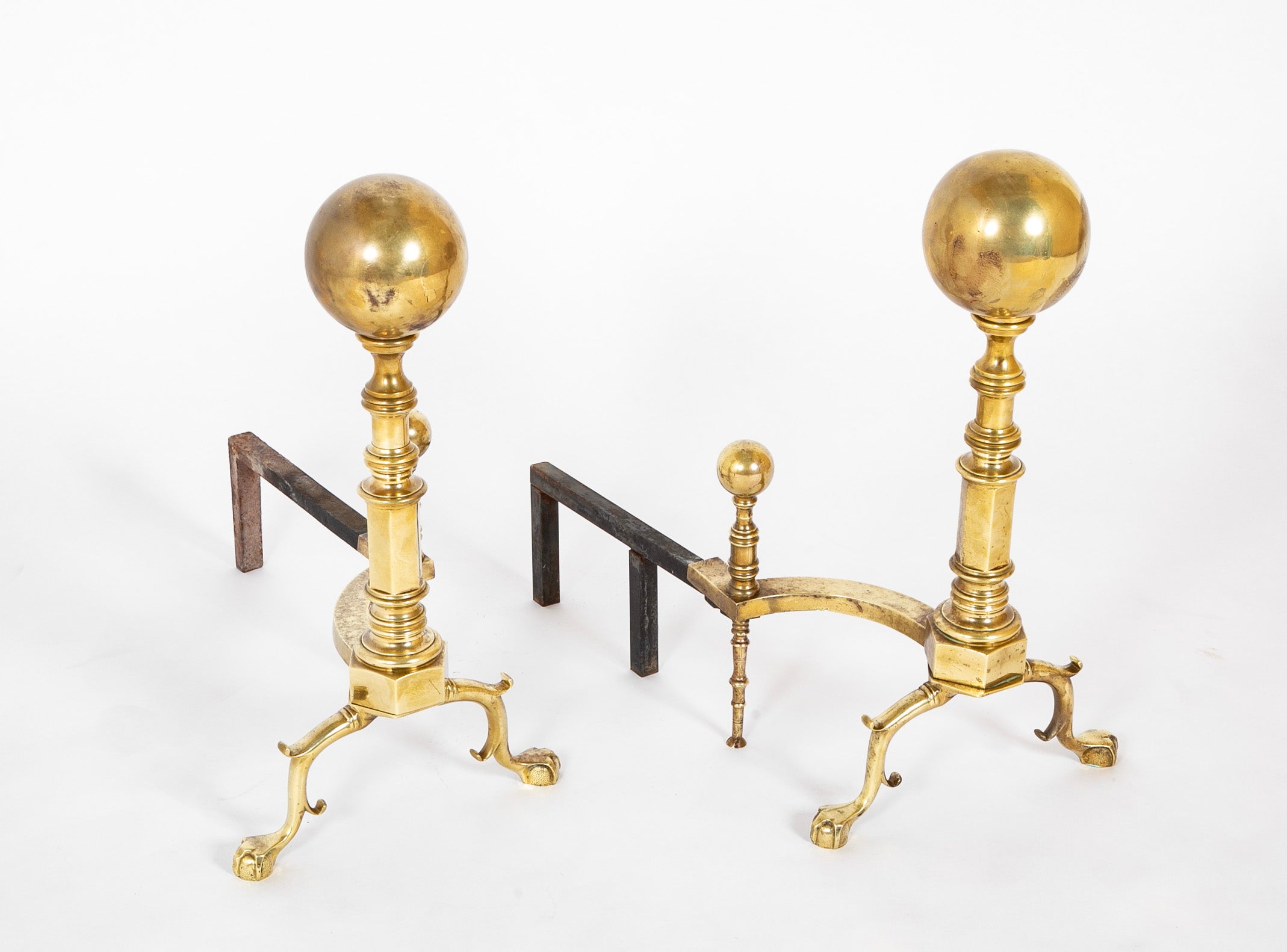 Heavy Footed Brass Andirons with Massive Ball Finials