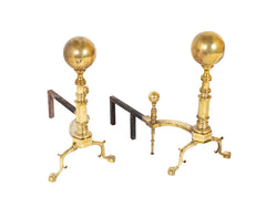 Heavy Footed Brass Andirons with Massive Ball Finials