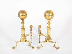 Heavy Footed Brass Andirons with Massive Ball Finials