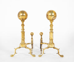 Heavy Footed Brass Andirons with Massive Ball Finials