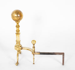 Heavy Footed Brass Andirons with Massive Ball Finials