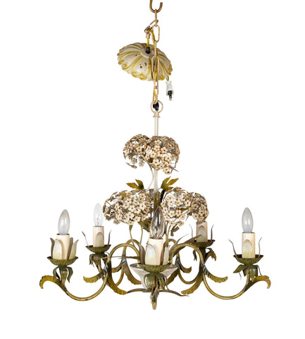 Wonderful 1950's Tole Chandelier with White Painted Hydrangeas