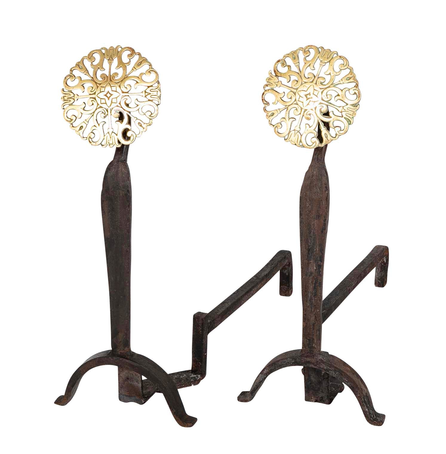 Pair of 20th Century Brass Medallion Andirons