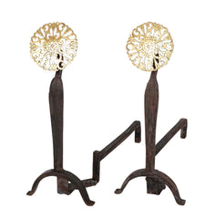 Pair of 20th Century Brass Medallion Andirons