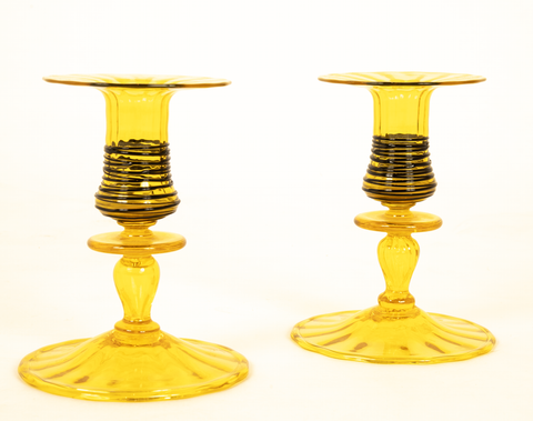 A Pair of Steuben Threaded Glass Candlesticks
