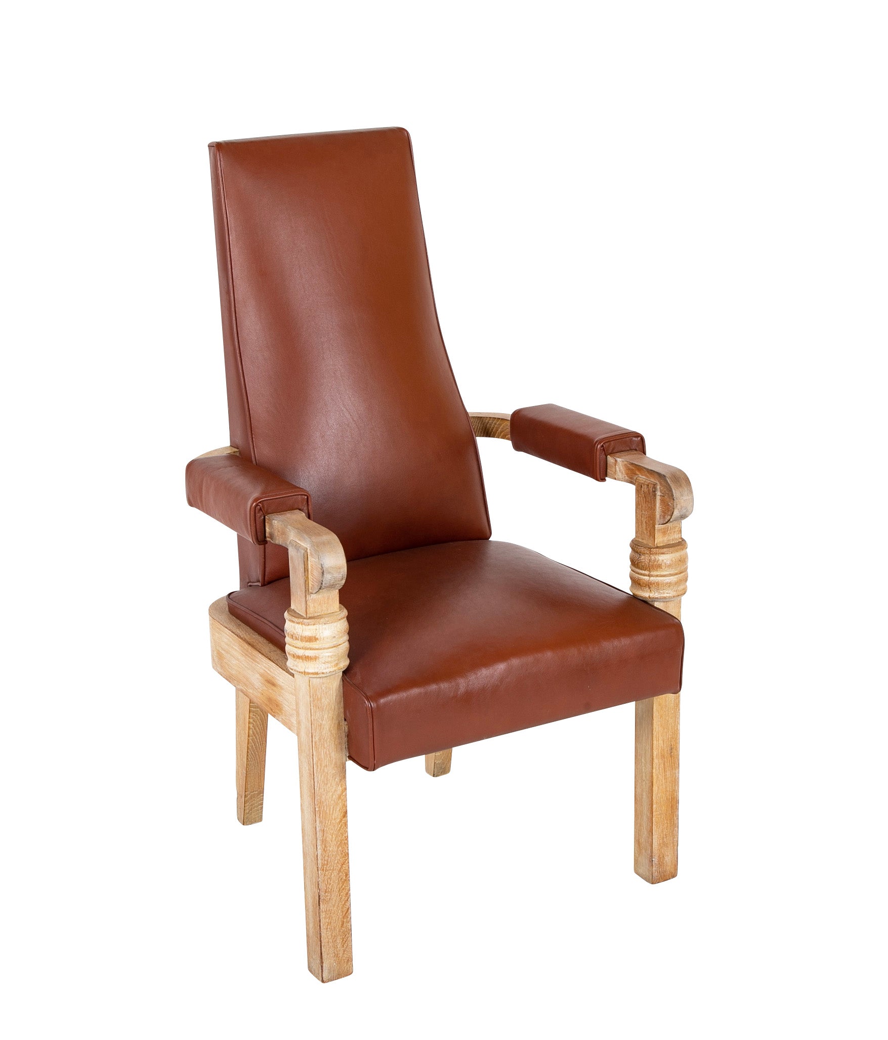 French Cerused Oak & Leather Armchair by Charles Dudouyt