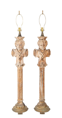 A Pair of French 19th Century Wooden Column Floor Lamps
