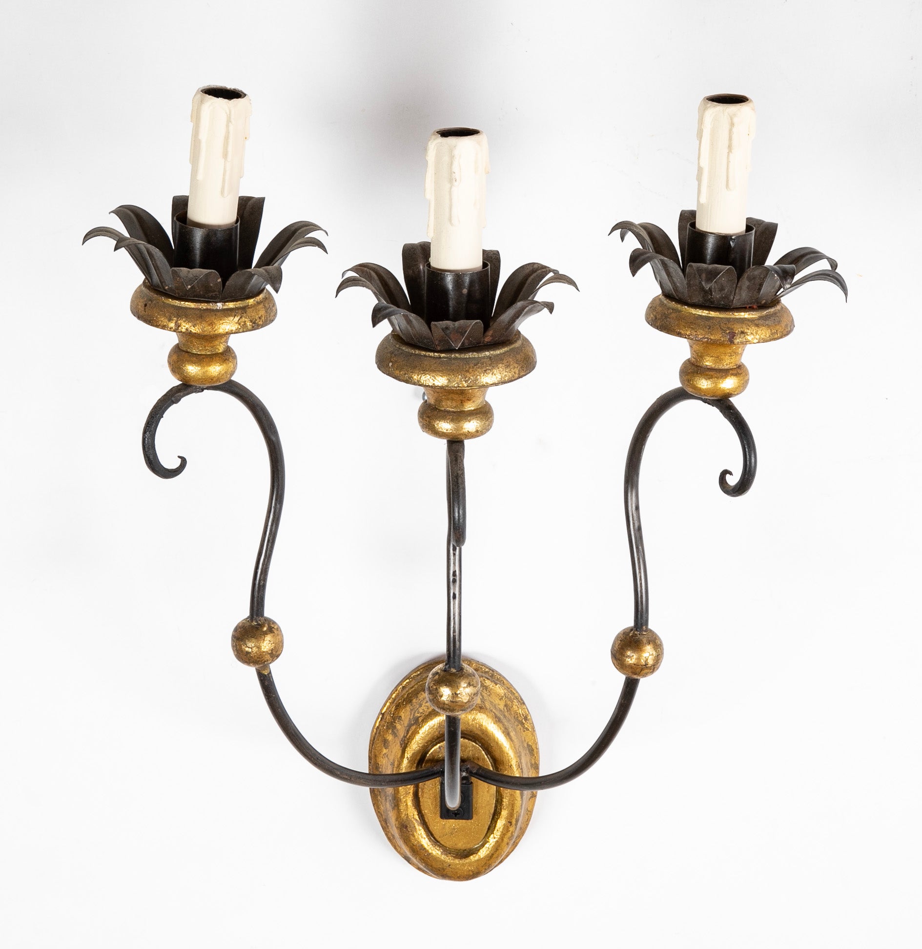 Set of Eight of Italian Iron Tole and Gilt Wood Sconces    Priced per Pair