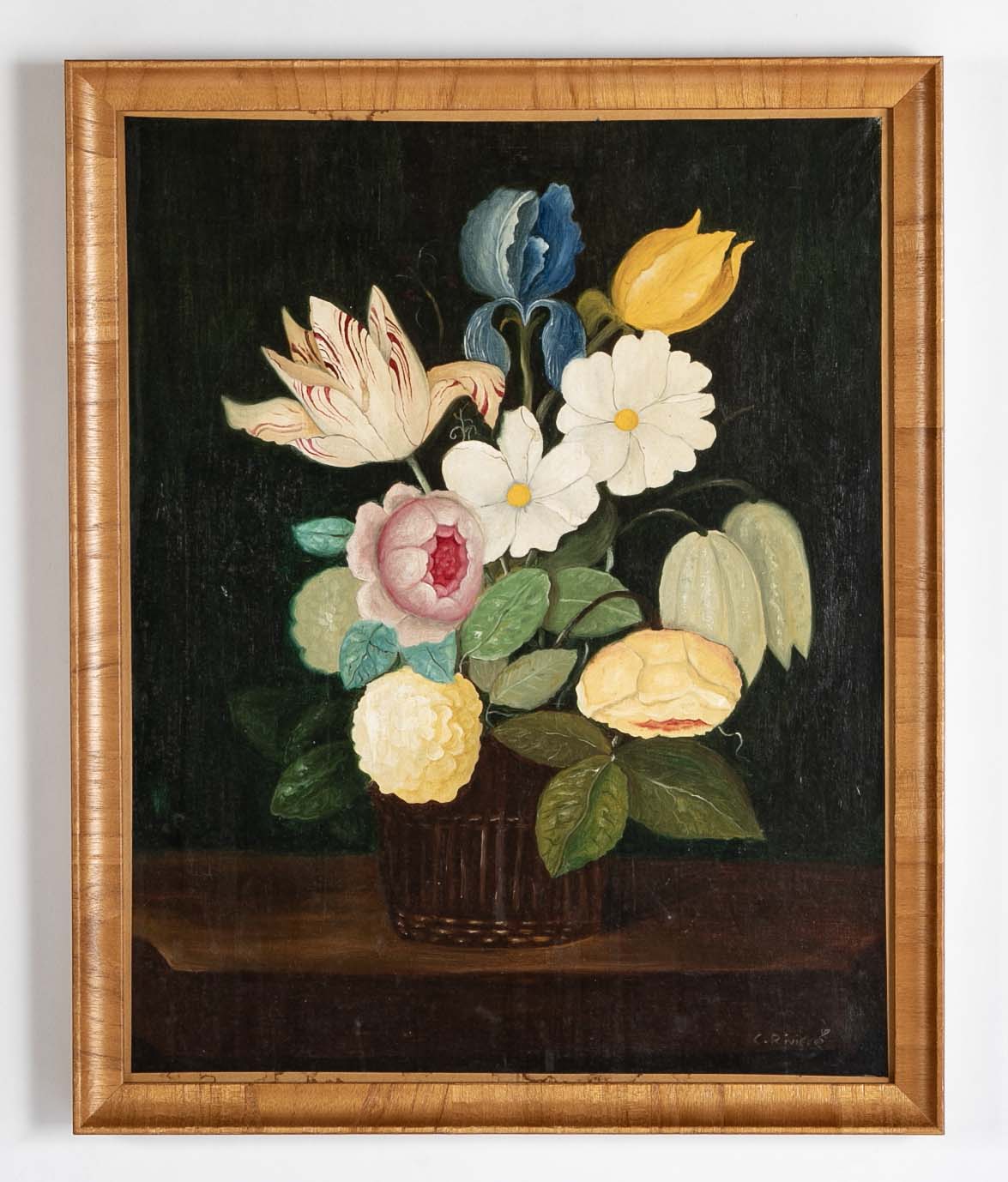 Oil on Canvas Still Life of Flowers in a Vase by French Artist Charles Riviere