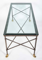 Pair of Wrought Iron & Bronze Tables with Beveled Glass Tops