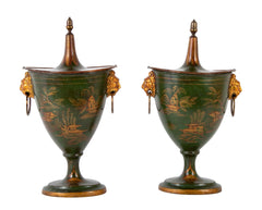 Pair of English Regency Painted Tole Chestnut Urns