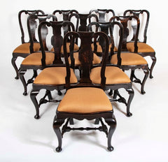 A set of 10 Queen Anne Black Painted Dining Chairs