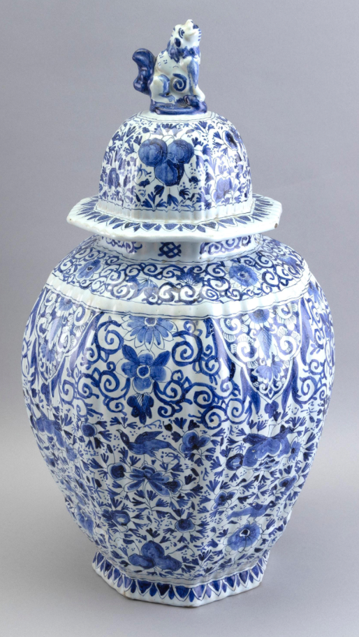Dutch Delft  Blue and White Lidded Jar with Lion Finial