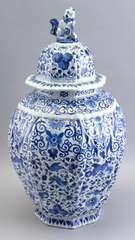 Dutch Delft  Blue and White Lidded Jar with Lion Finial